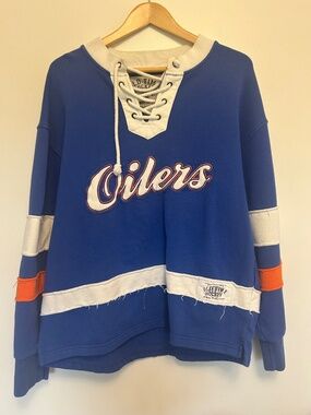 OTH Vintage Edmonton Oilers Frayed Striped Raw Hem Lacer Jersey Sweatshirt L